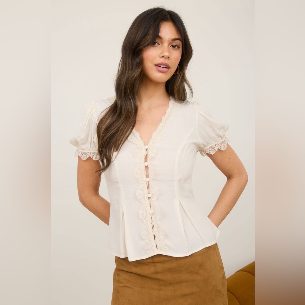 Elegant Cream Lace Trim Blouse